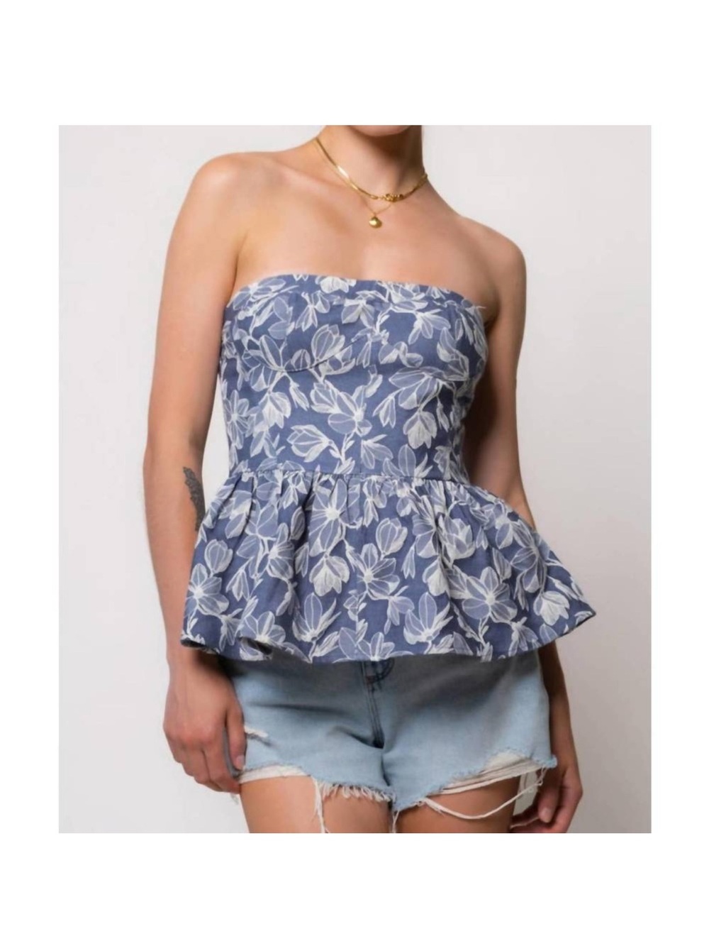 Storia Blue Floral Strapless Peplum corset Top denim blue white large